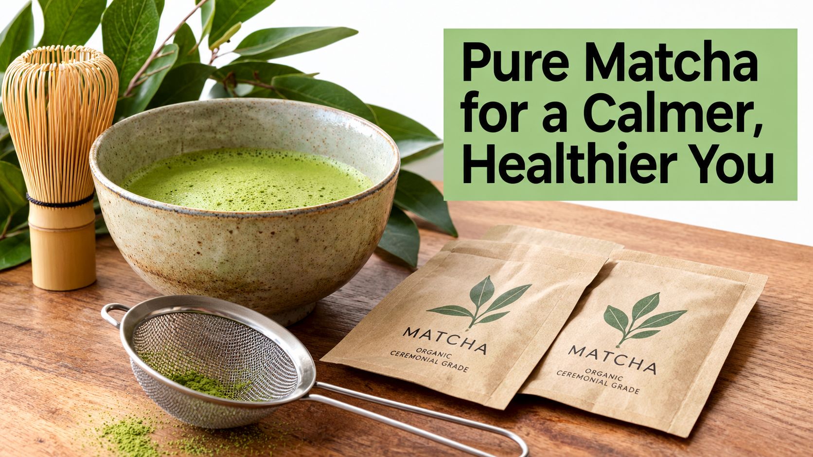 A ceramic bowl of prepared matcha tea next to two organic ceremonial grade matcha sachets and a whisk.