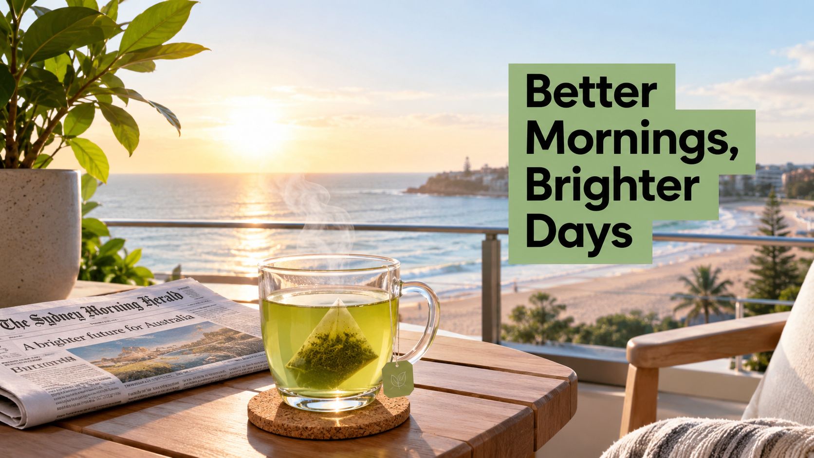 A glass cup of green tea on a balcony overlooking the ocean at sunrise with a newspaper.