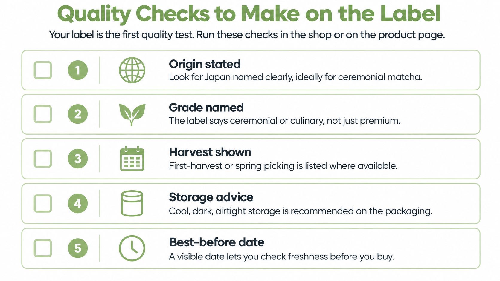 A checklist infographic titled Quality Checks to Make on the Label for buying high-quality matcha tea.