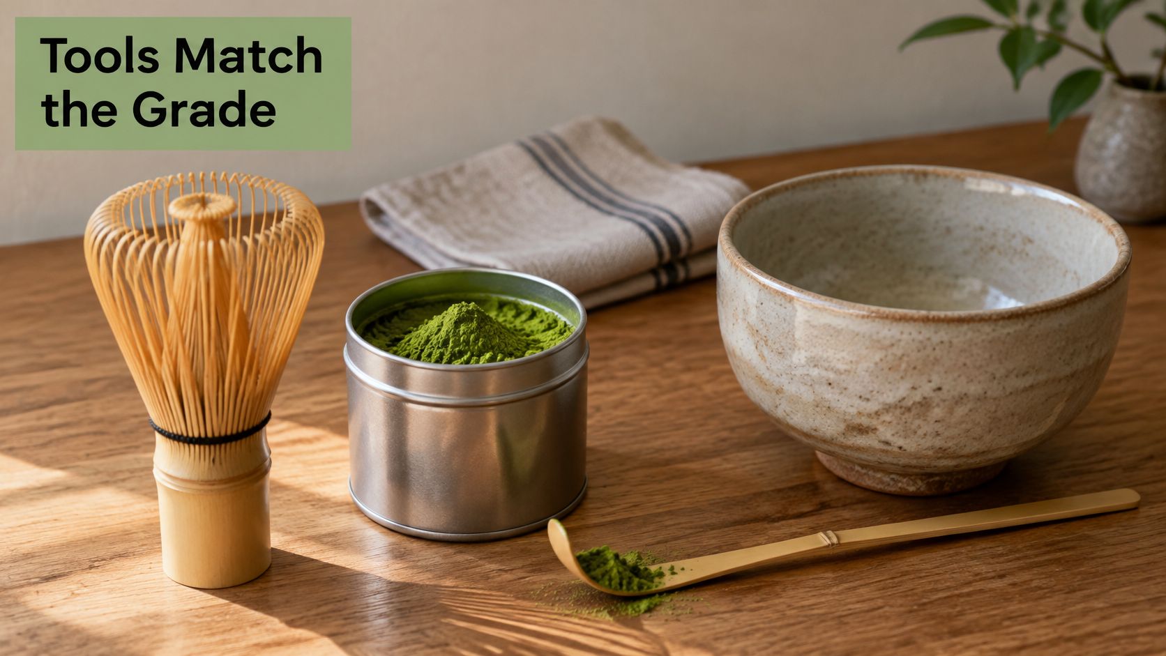 A bamboo matcha whisk, a tin of green matcha powder, a bowl, and a scoop on wood.