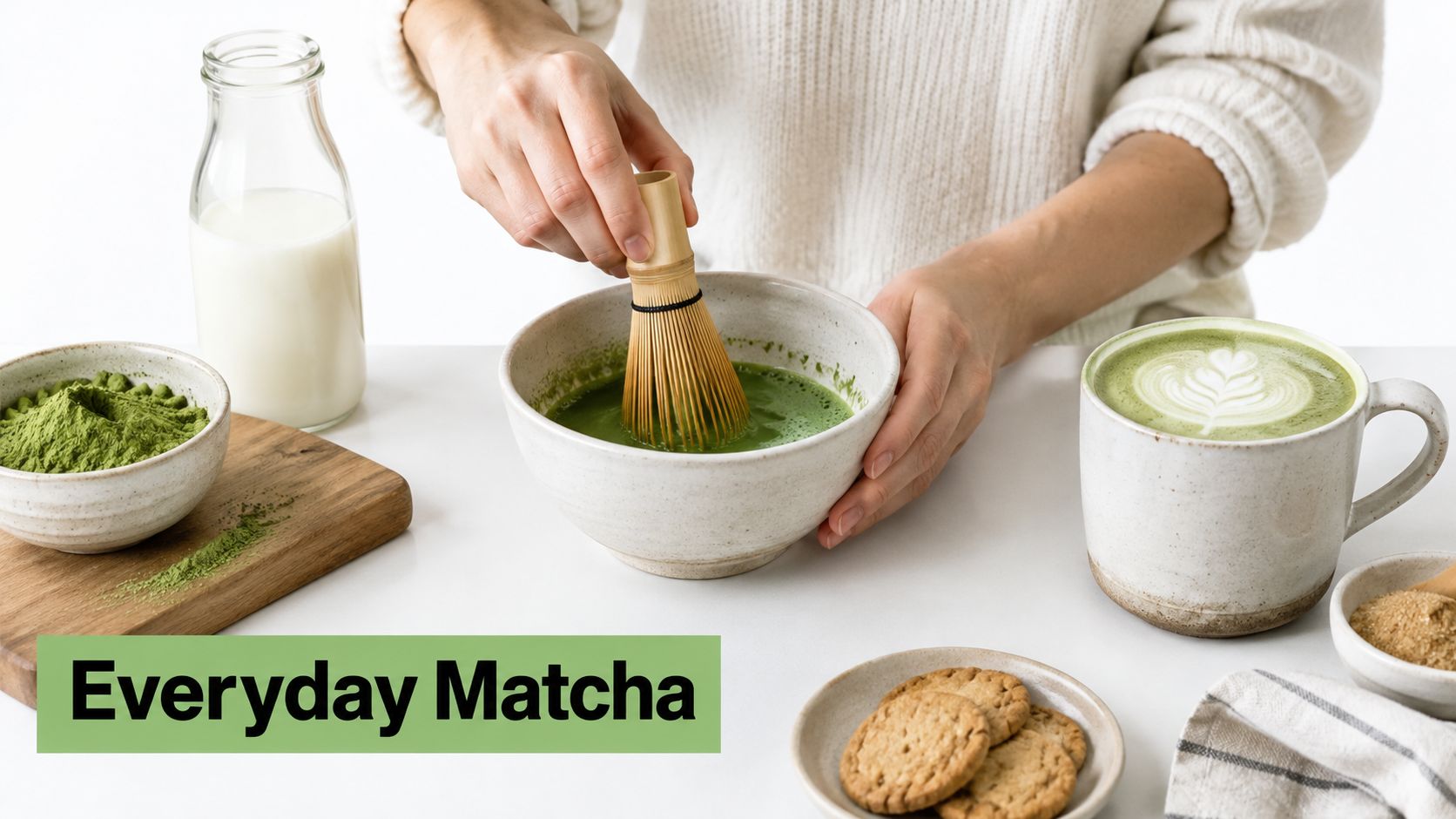A person whisking green matcha powder in a ceramic bowl with bamboo tools alongside cookies and milk.