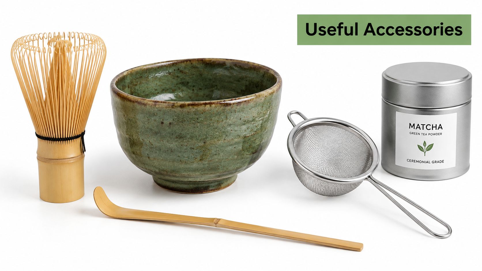 A complete matcha tea set including a bamboo whisk, ceramic bowl, sifter, scoop, and matcha tea tin.