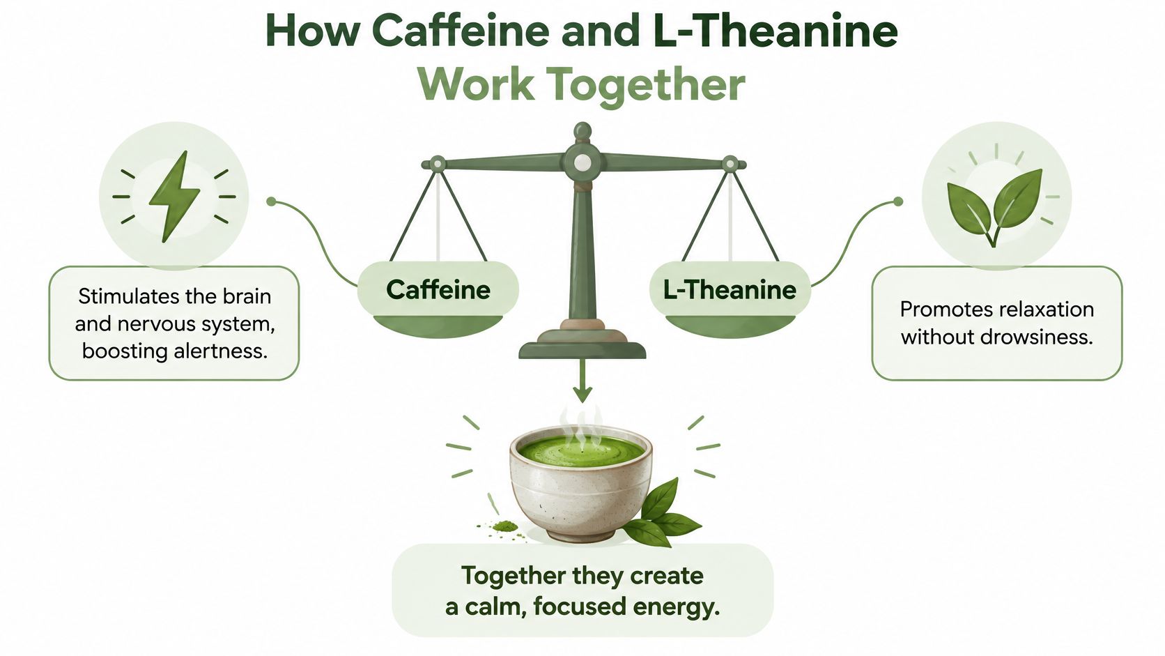 An infographic showing how caffeine and L-Theanine in matcha tea work together to create calm, focused energy.