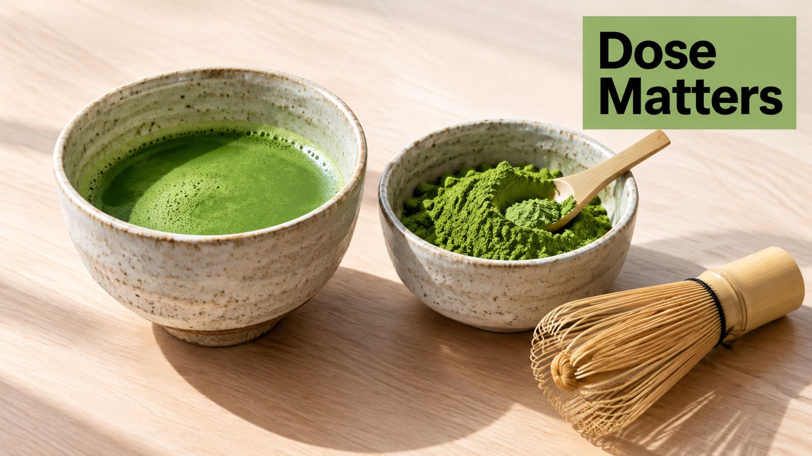 A ceramic bowl of prepared matcha green tea alongside a bowl of matcha powder and a bamboo whisk.