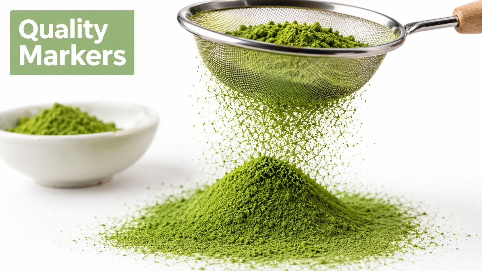 A metal sieve sifting vibrant green matcha tea powder onto a white surface next to a bowl.