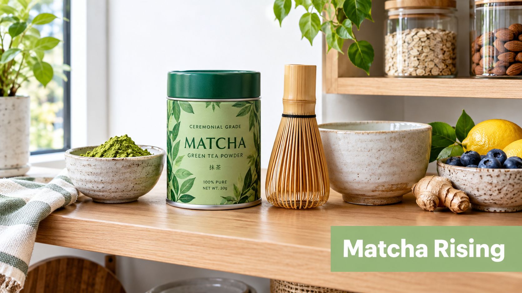 A ceramic bowl of matcha powder sits next to a tin of tea, a whisk, and fresh fruit.