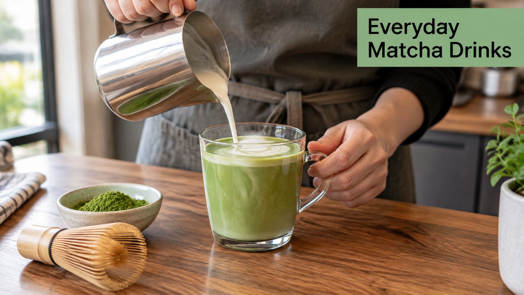 A person pouring frothed milk into a cup of vibrant green matcha tea on a wooden counter.