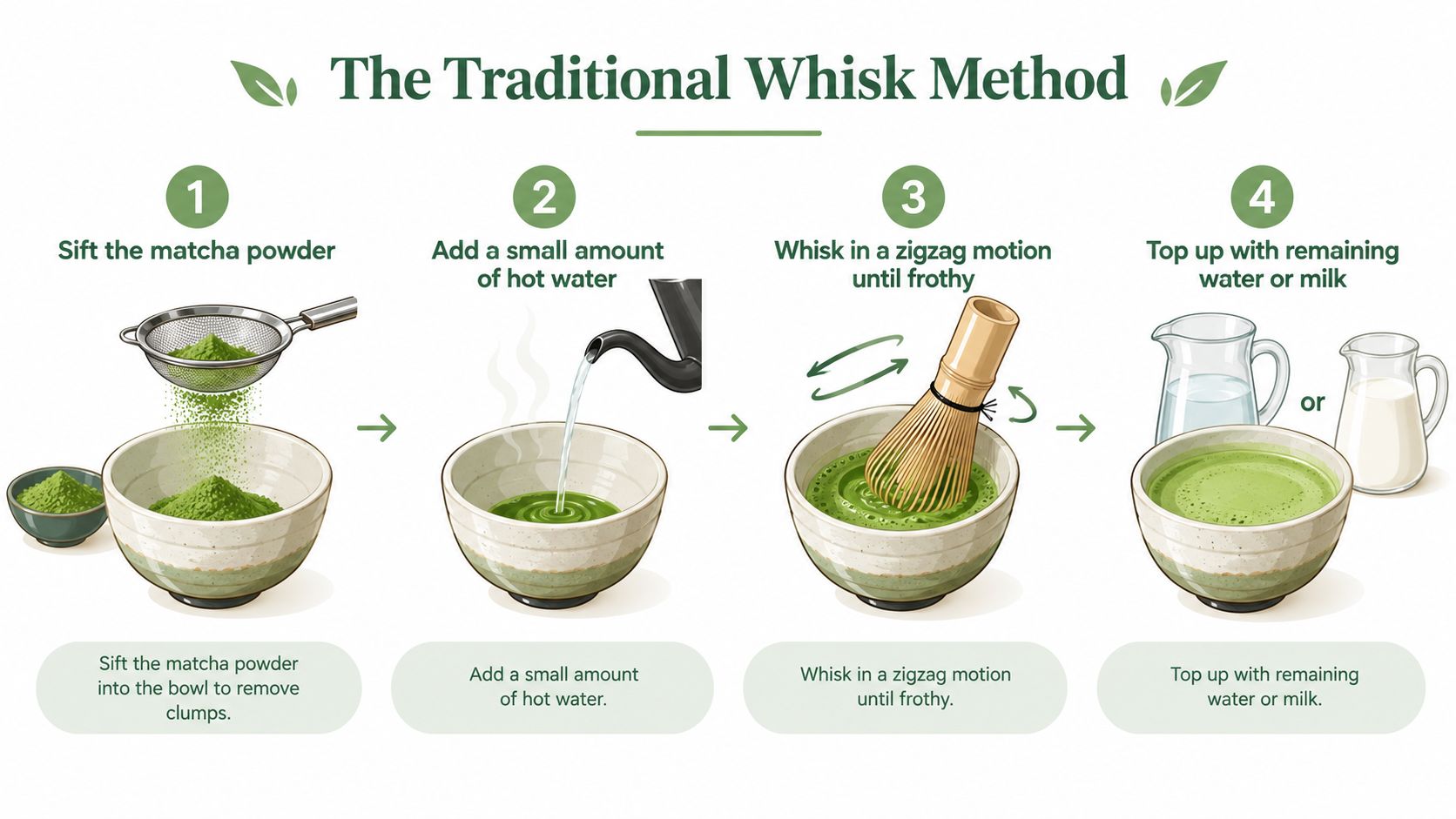 A four-step infographic illustrating the traditional method for preparing matcha tea using a sieve, whisk, and bowl.