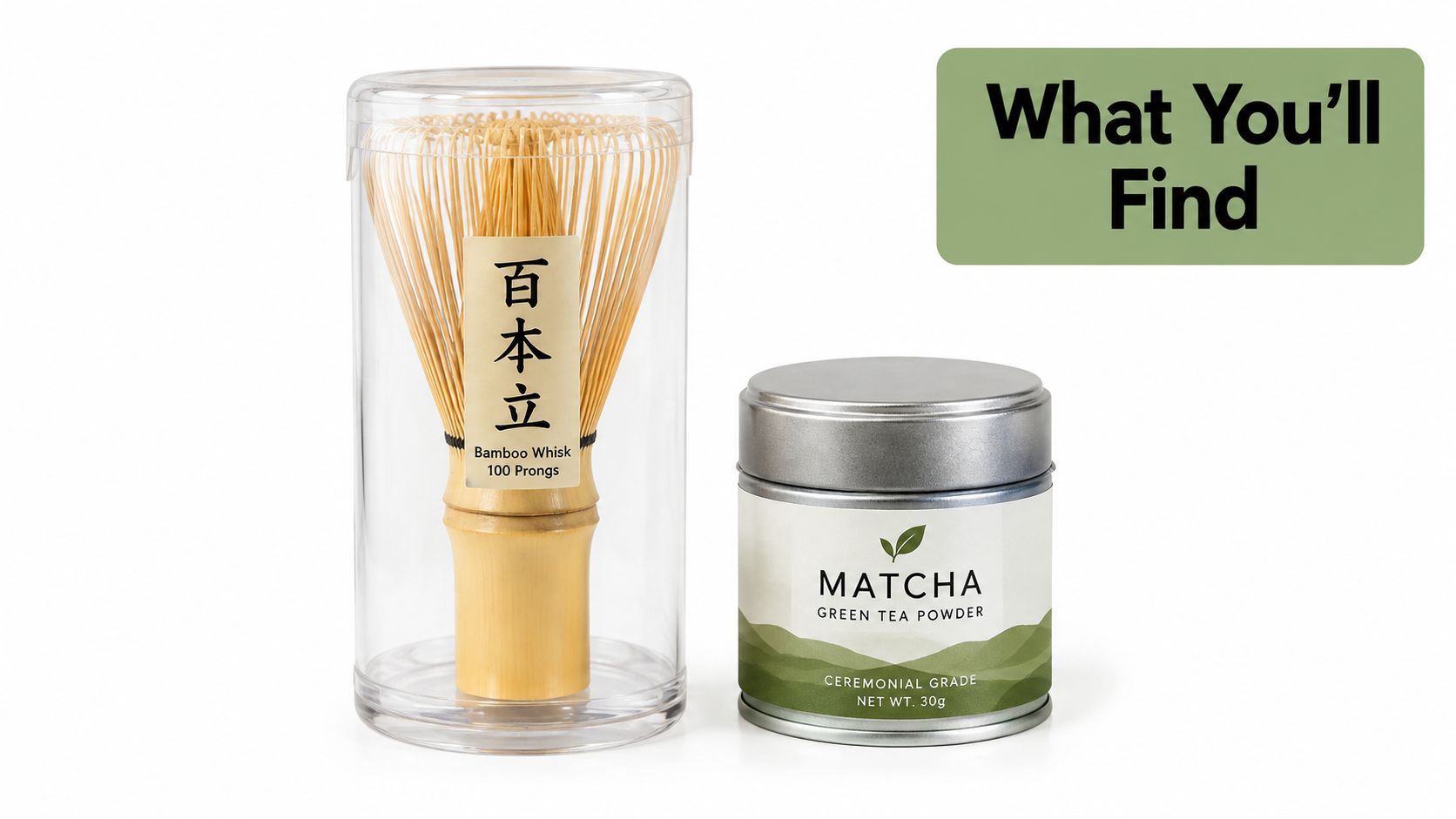 A ceremonial grade matcha green tea set featuring a bamboo whisk and a tin of matcha powder.
