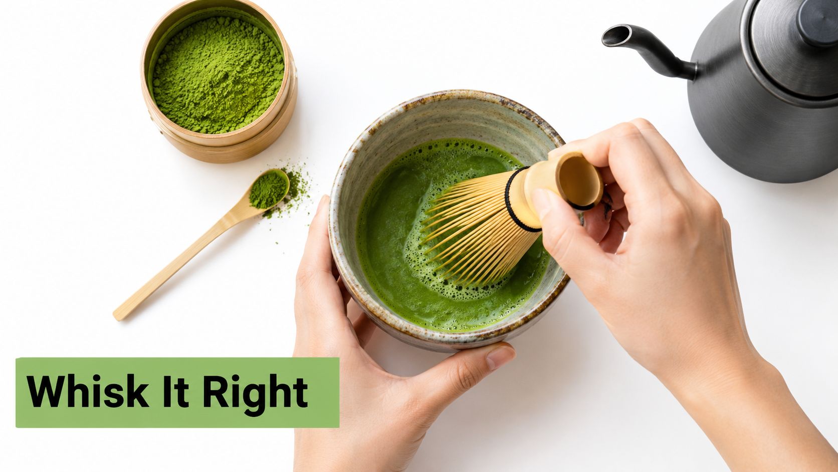 A pair of hands whisking vibrant green matcha in a ceramic bowl with a bamboo chasen whisk.