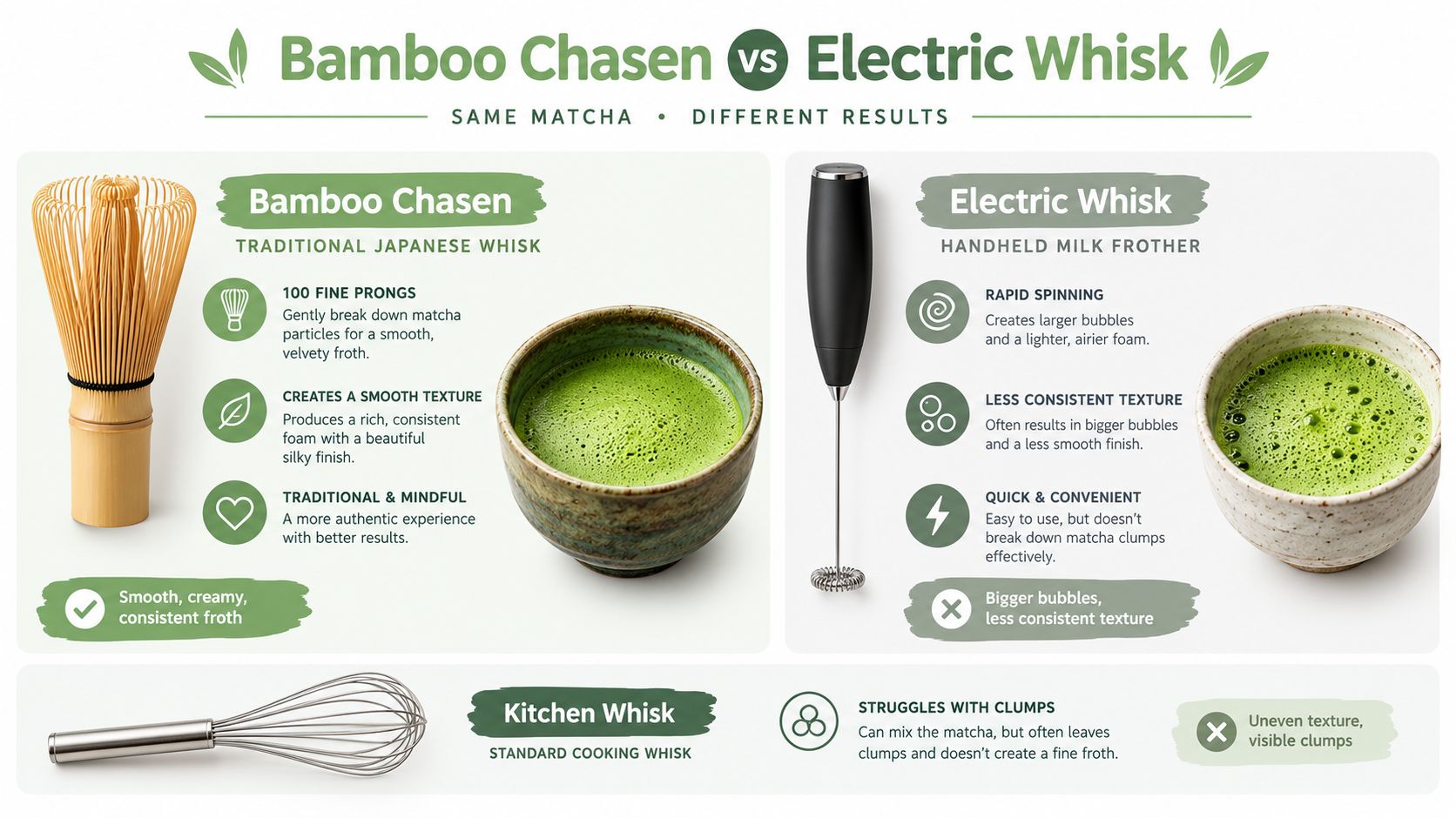 A comparison infographic showing the difference between using a traditional bamboo chasen, electric whisk, and kitchen whisk for matcha.