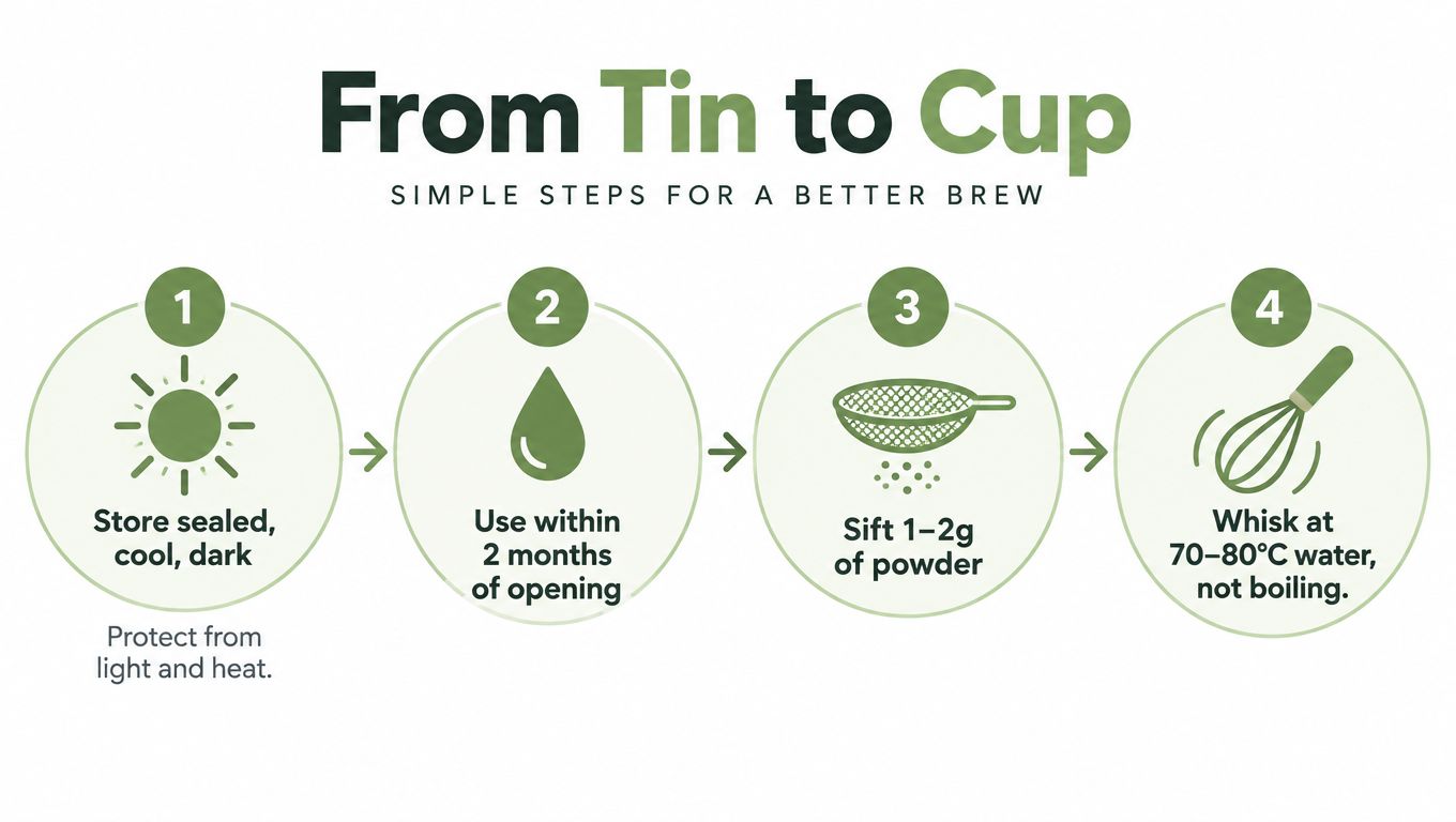 A step-by-step instructional graphic showing how to store, measure, and prepare matcha green tea powder.