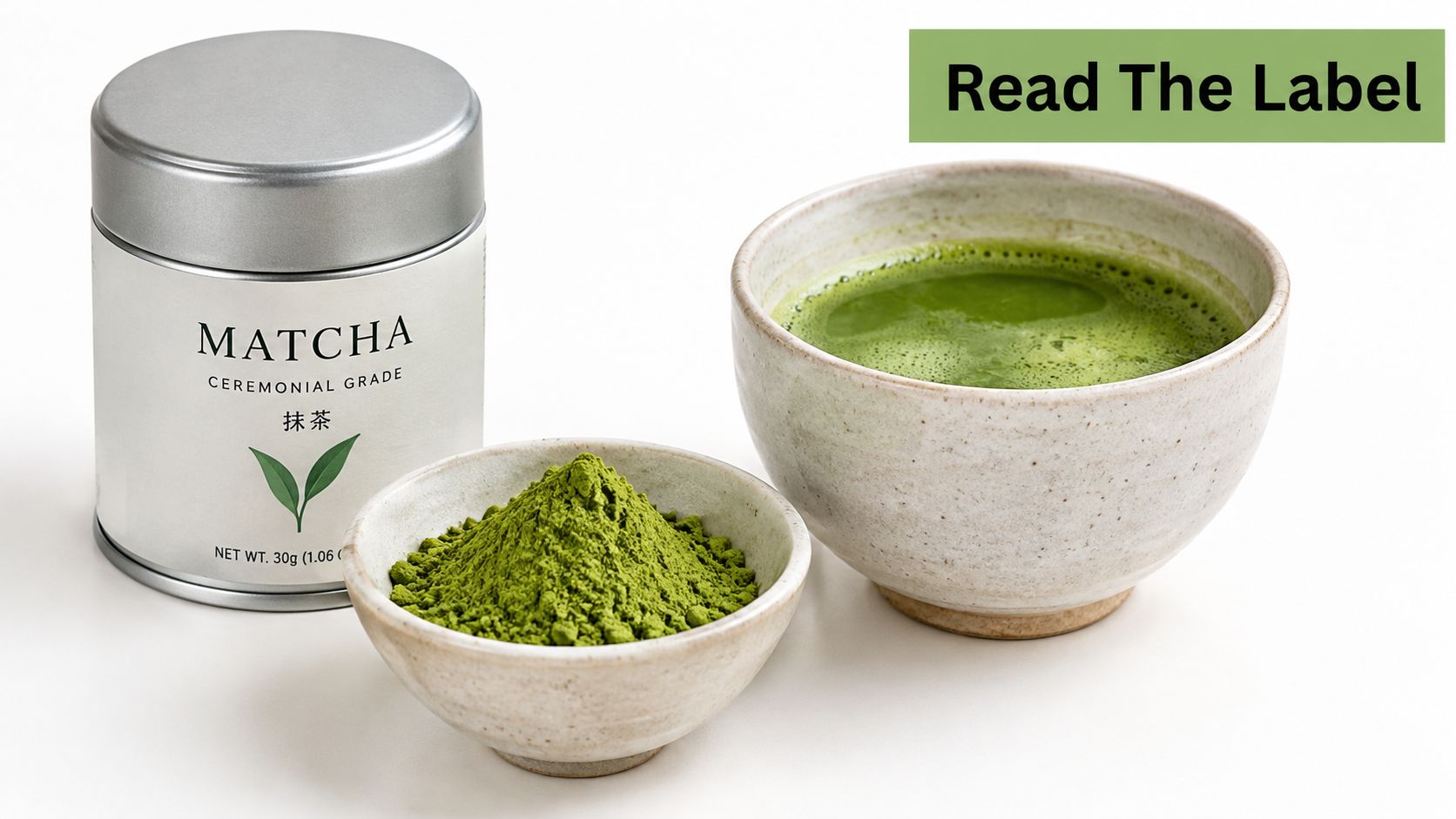A tin of ceremonial grade matcha powder next to a bowl of loose powder and prepared matcha tea.