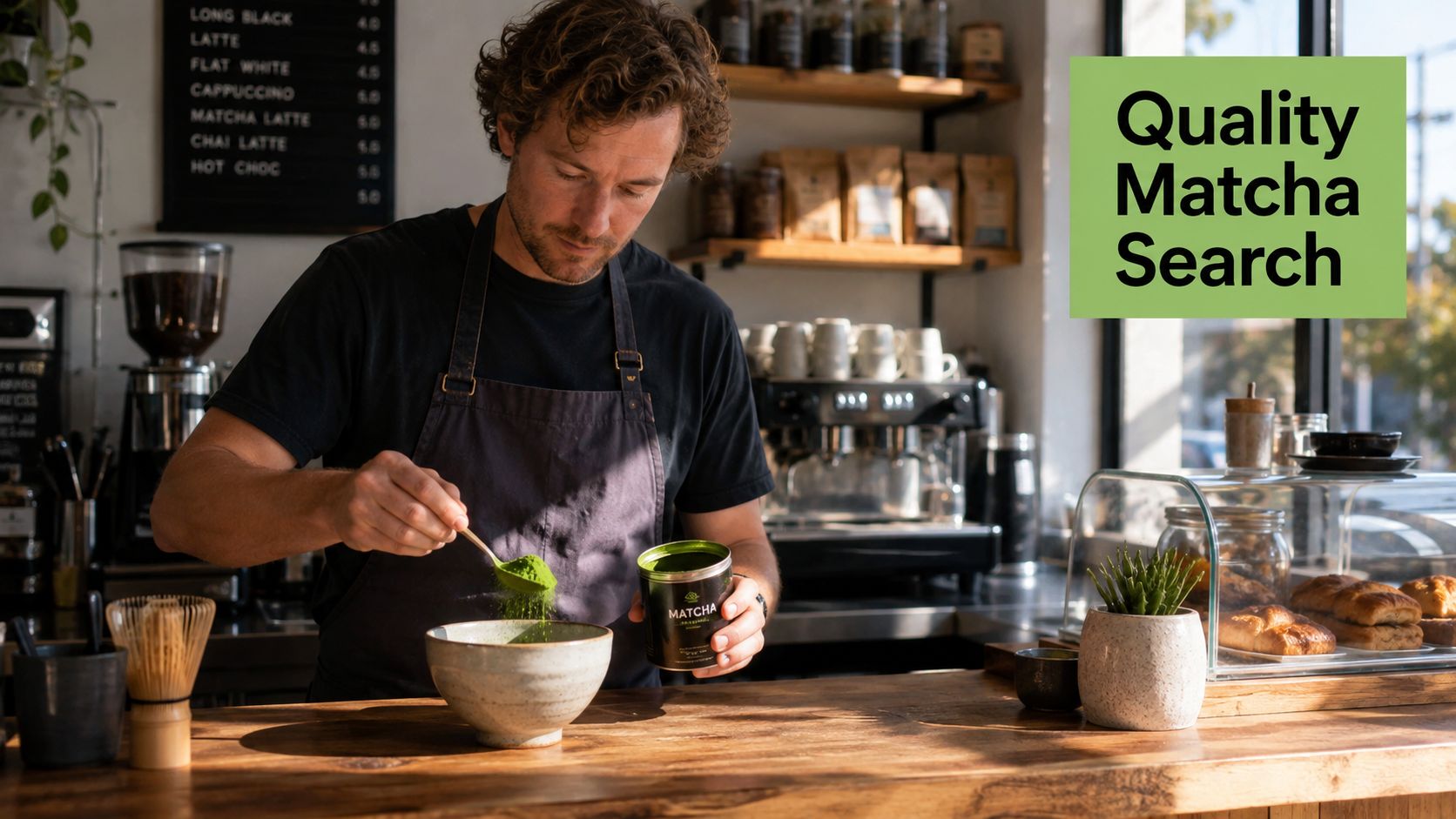 A barista in a cafe measuring organic green matcha powder into a ceramic bowl using a spoon.