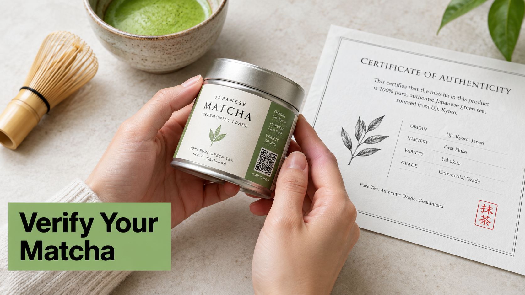 A person holding a tin of Japanese ceremonial grade matcha green tea with an authenticity certificate.