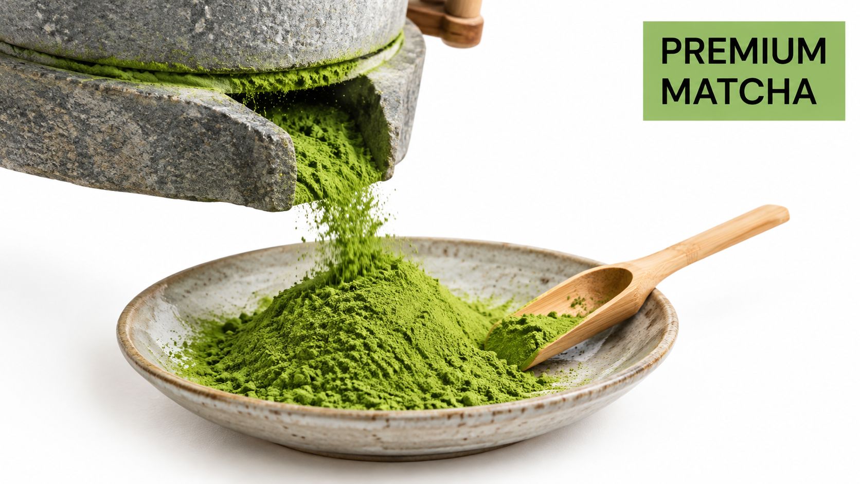 A stone mill grinding vibrant green matcha powder onto a ceramic plate with a bamboo scoop nearby.