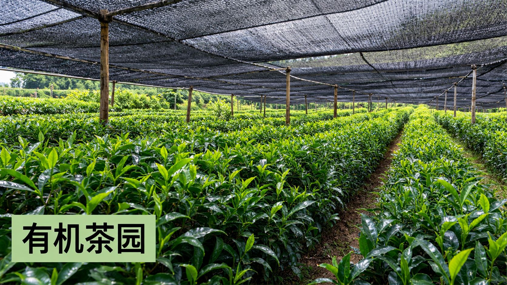 Rows of organic tea plants growing in a shaded tea garden plantation for pure matcha production.