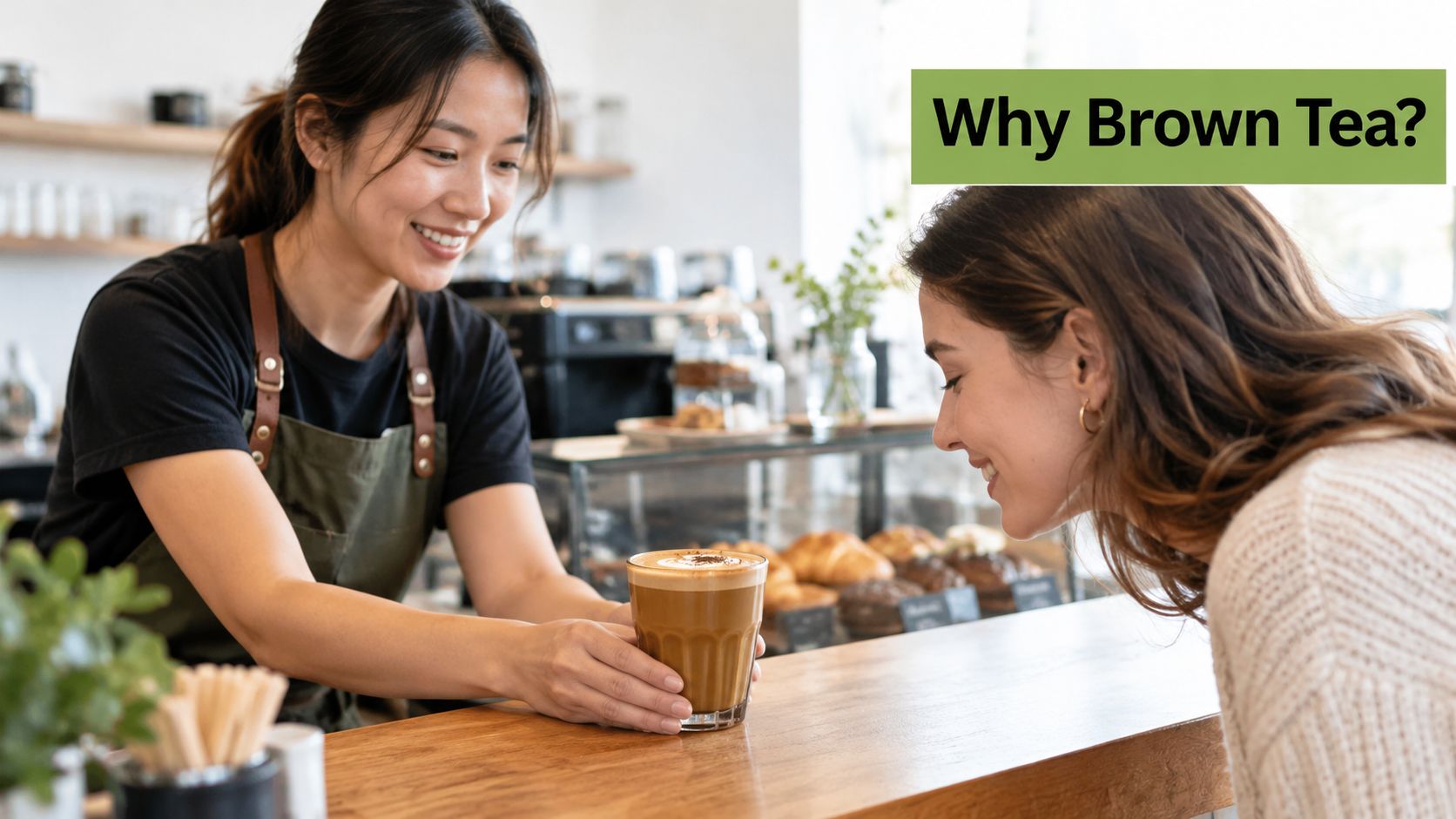 A friendly barista serving a freshly prepared latte to a smiling customer in a cozy cafe.