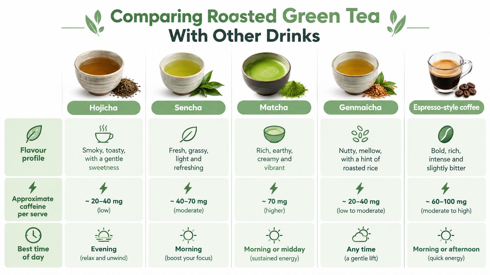 A comparison chart showing flavour profiles, caffeine content, and best drinking times for various teas and coffee.