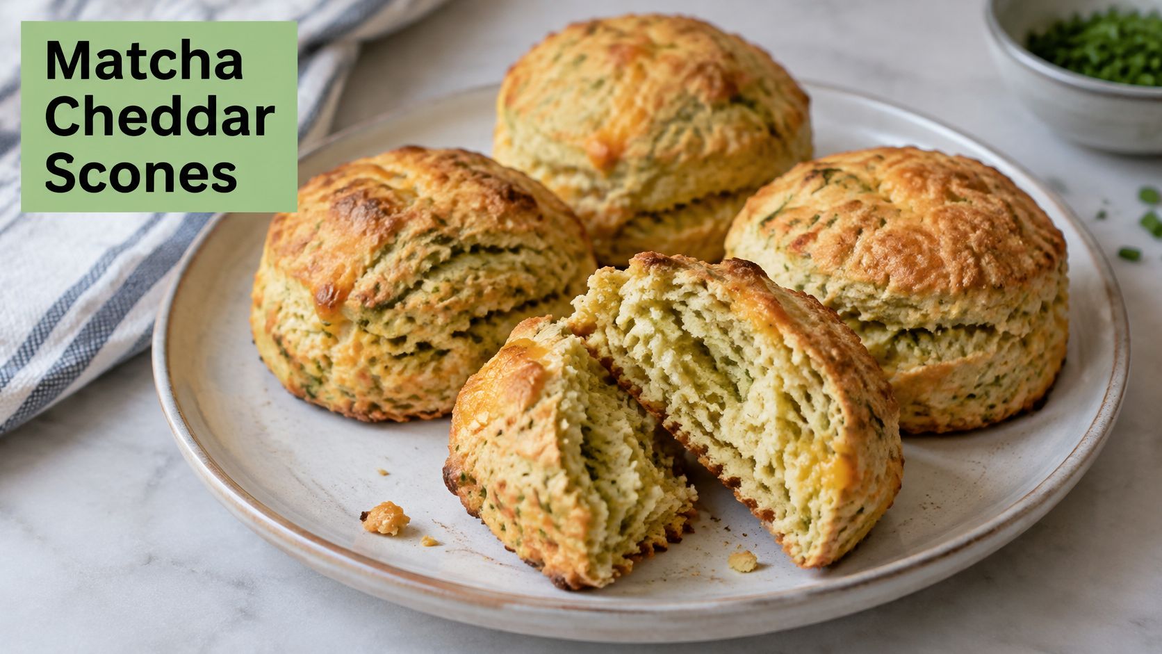 A close-up view of freshly baked savory matcha cheddar scones on a ceramic plate, one broken open.