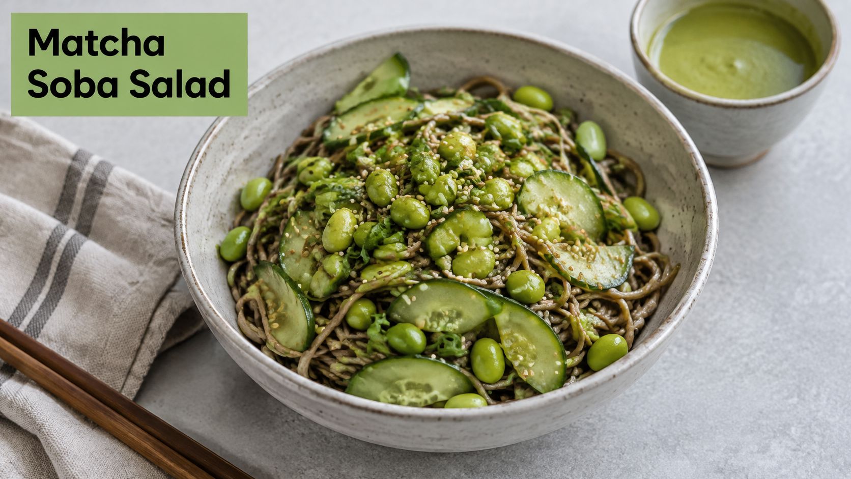A ceramic bowl filled with matcha soba noodle salad featuring edamame and cucumber with a side of dressing.