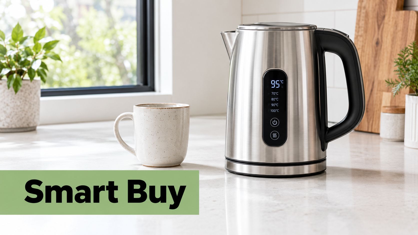 A modern stainless steel variable temperature kettle stands on a clean kitchen counter beside a mug.