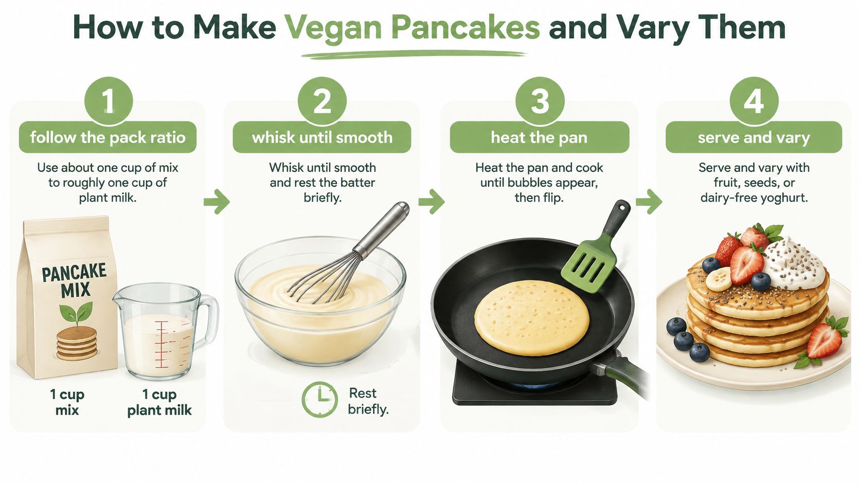 A four-step visual guide on how to prepare and serve vegan pancakes using plant-based milk.