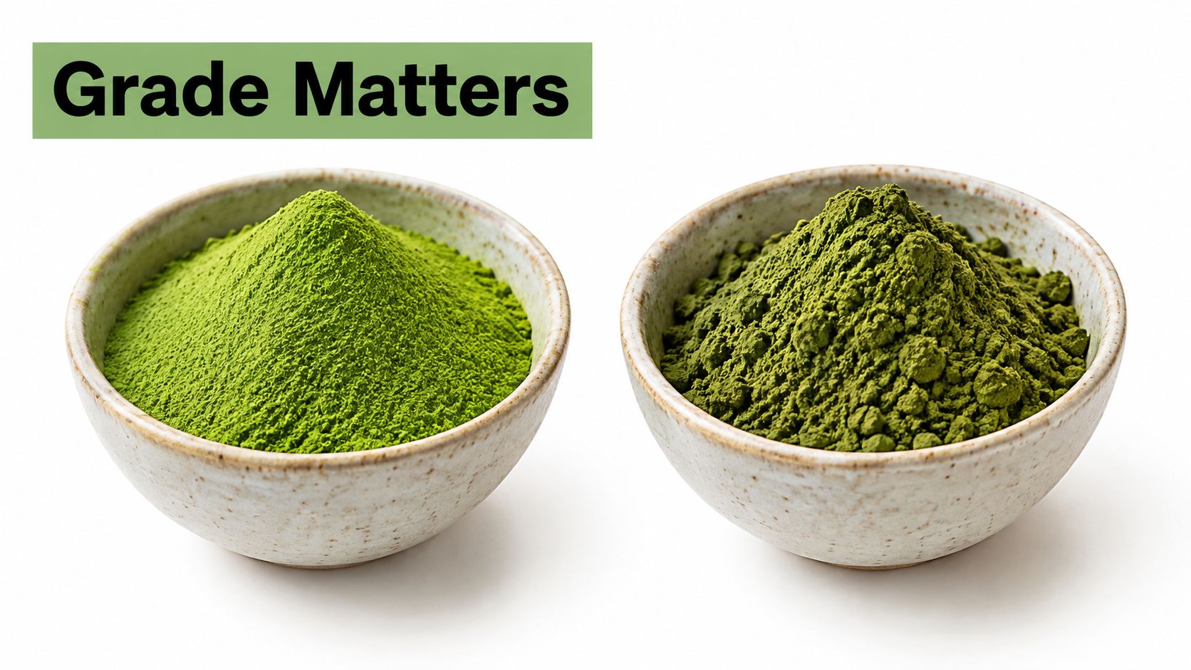 Two ceramic bowls filled with different grades of vibrant green matcha tea powder side by side.