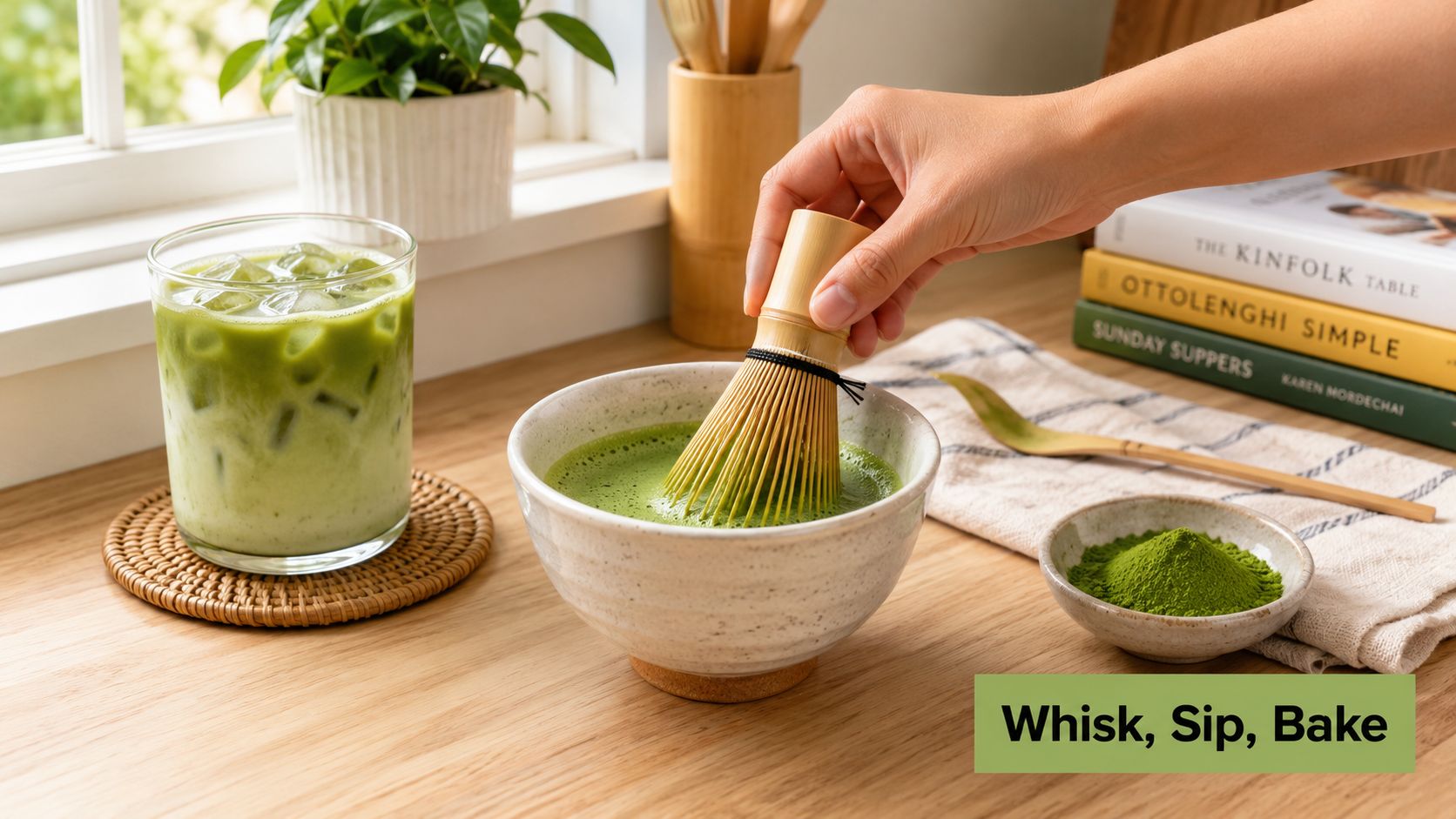 A hand whisking matcha tea in a bowl next to a glass of iced matcha latte.