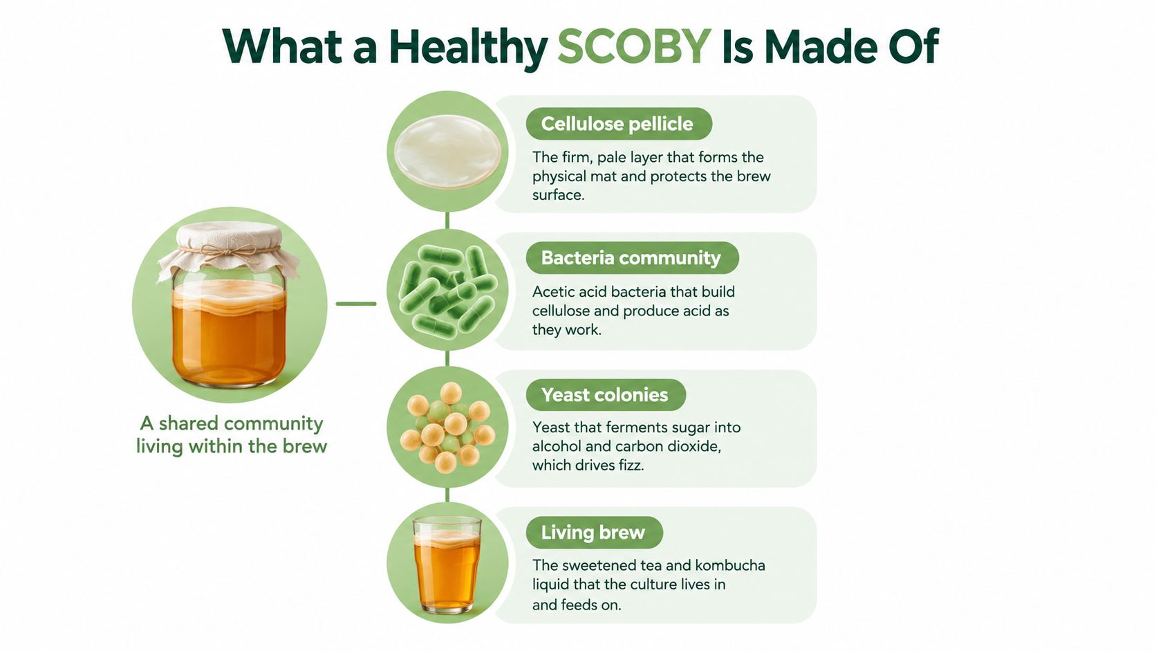 An educational infographic showing the components of a healthy SCOBY used in kombucha fermentation.