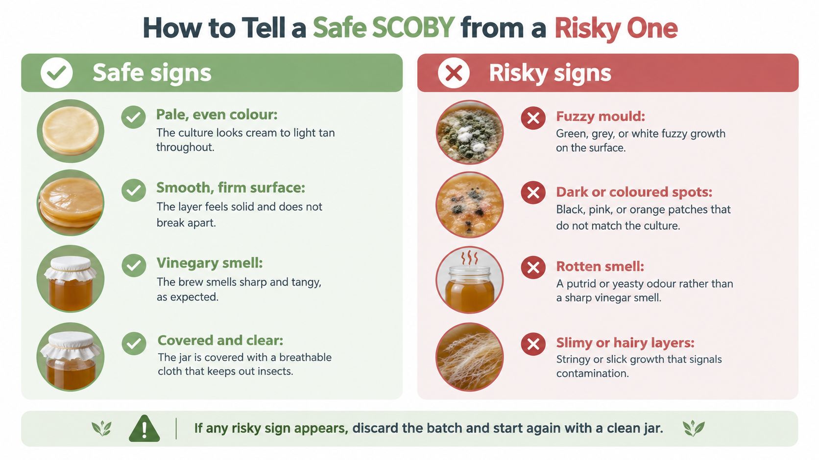 An infographic comparing safe and risky signs for identifying a healthy SCOBY during kombucha fermentation at home.