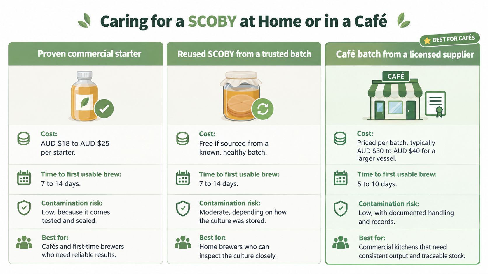 A comparison chart outlining the pros and cons of three different SCOBY types for brewing kombucha.
